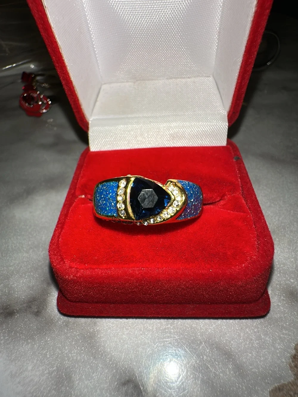 Gold-Tone Blue Sparkle Statement Ring with Blue  Stone